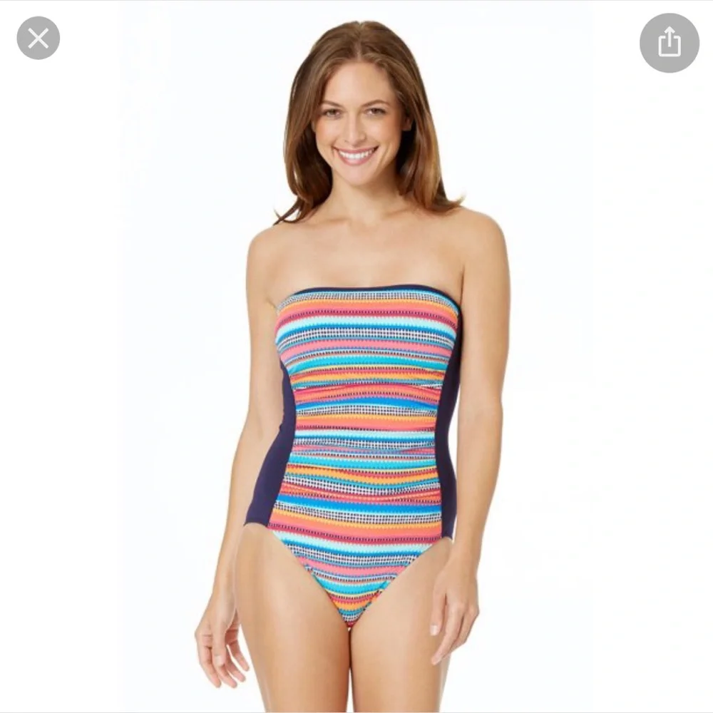 Anne Cole Stripe One Piece Bandeau Swimsuit Sz 10 Triangle Side Multicolor - Picture 2 of 14
